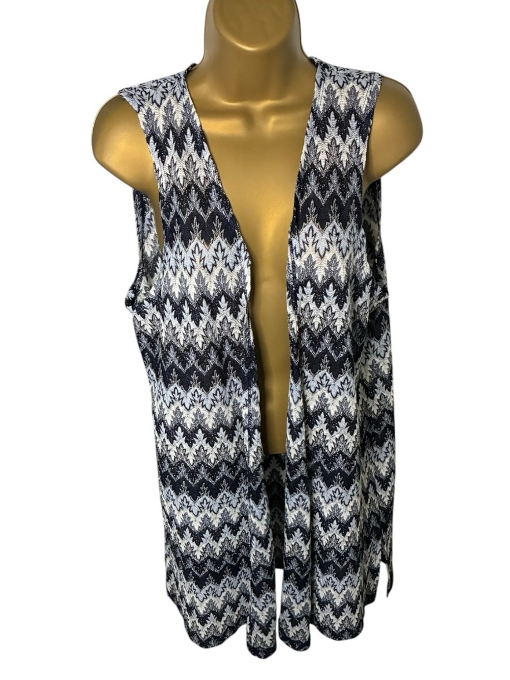 Christopher & Banks Open Front Cardigan Sleeveless Knit Chevron Navy S